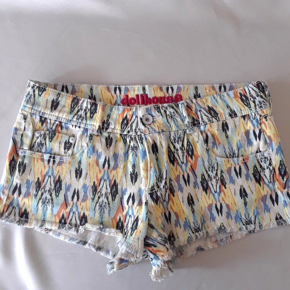 Dollhouse Multicolored Frayed Denim Short Shorts - Picture 1 of 9